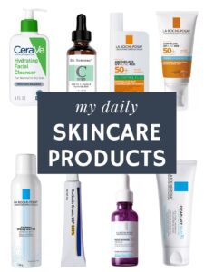 Image featuring eight skincare products. Overlap text reads "My Daily Skincare Products".