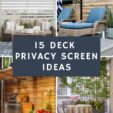 Collage image with photos of four different deck privacy screens. The overlay text reads "15 Deck Privacy Screen Ideas"