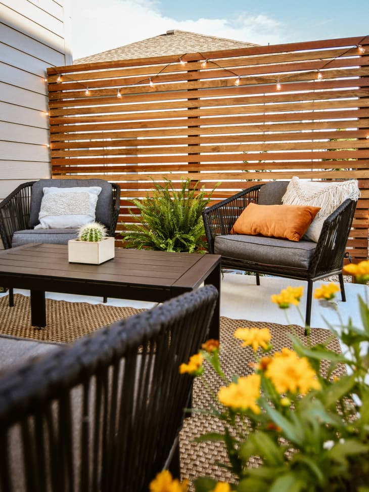 horizontal stained wood slat deck panel wall by wandering my home